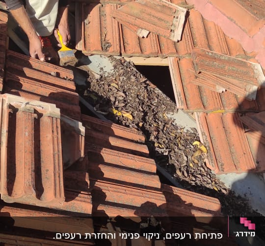 אדם מנקה עלים מגג רעפים אדום